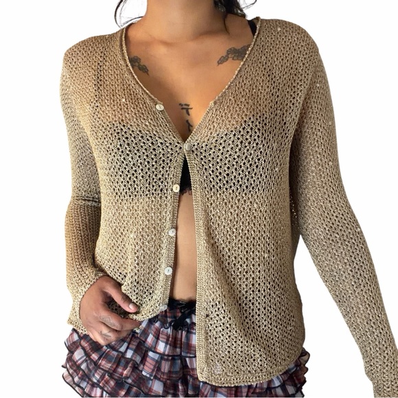 Apostrophe Sweaters - Vintage Apostrophe Gold Metallic Knit Cardigan Open Knit Sweater